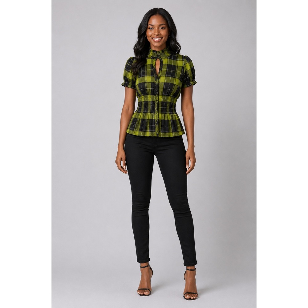 Lime Green Black Plaid Smocked Peplum Blouse Sheer High Neck Top Punk Aesthetic
